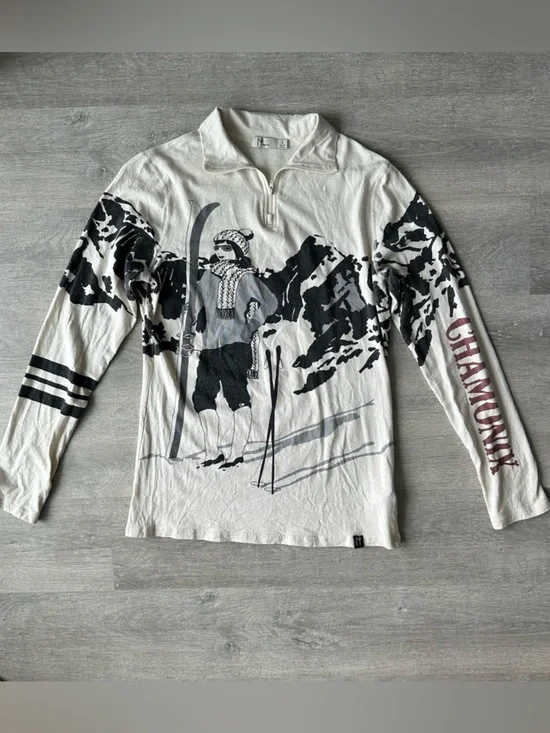 Vintage Neve Ski girl Graphic Quarter-Zip Pullover Silk & Wool Blend - Picture 1 of 9